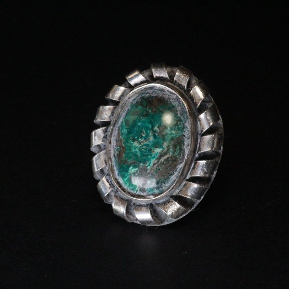 SILVER 800 BIG GREEN STONE SPLIT RING - Picture 2 of 7